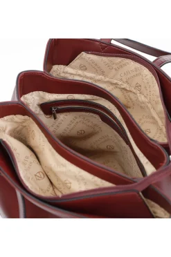 shopping con manici regolabili e dettaglio con lettering in metallo bordeaux