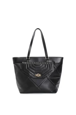 shopping  trapuntata con motivo a rombi e tasca con pattina nero