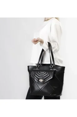 shopping  trapuntata con motivo a rombi e tasca con pattina nero