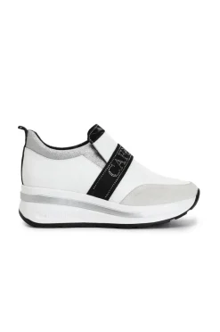 slip-on donna in pelle con strass bianco