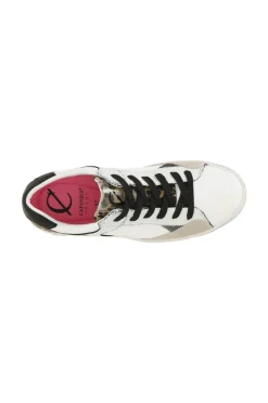 sneakers da donna in pelle e pelle scamosciata con riporti effetto metallico bianco maculato