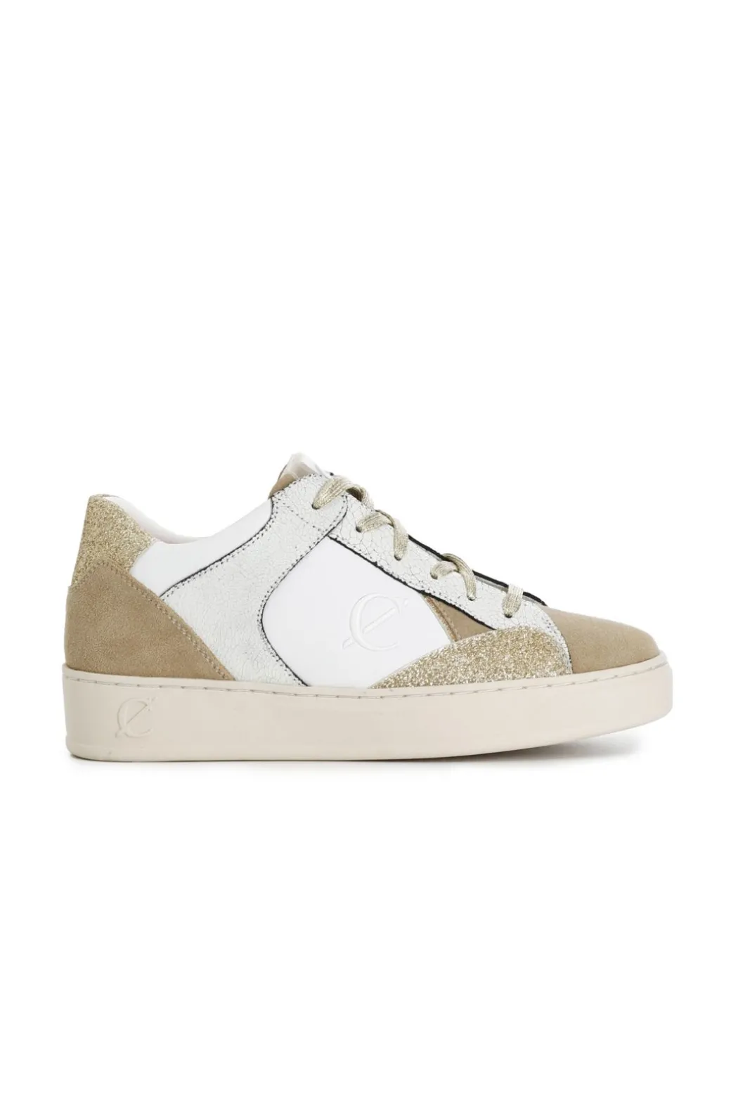 sneakers da donna in pelle e pelle scamosciata con riporti effetto metallico bianco camel