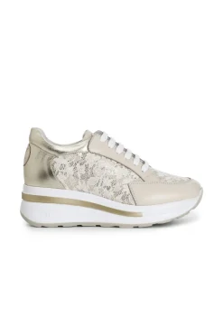 sneakers in pelle e pizzo beige