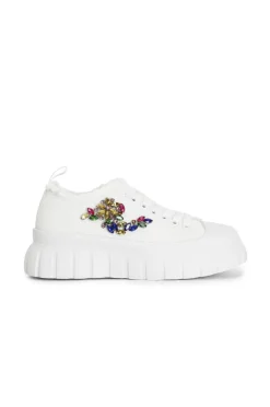sneakers in tessuto sfrangiato e patch di strass bianco