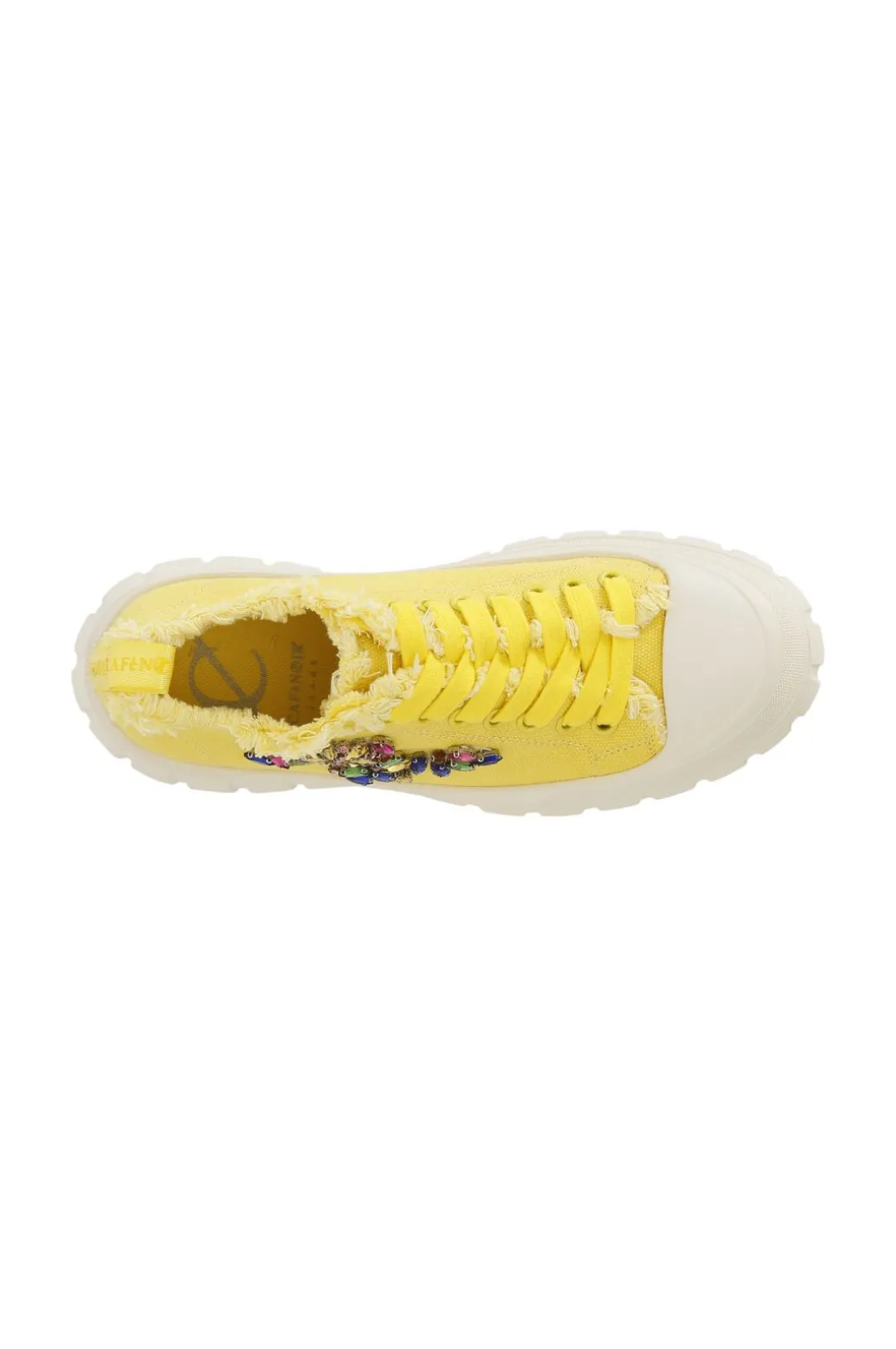 sneakers in tessuto sfrangiato e patch di strass giallo