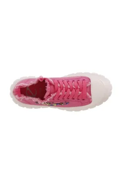 sneakers in tessuto sfrangiato e patch di strass fuxia