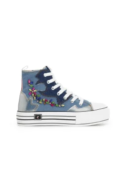 sneakers mid in tessuto jeans con strass jeans