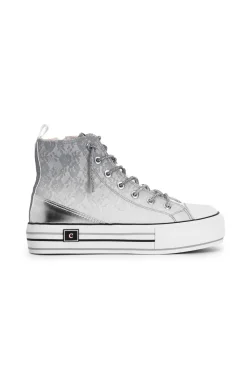 sneakers mid pizzo degradé con lacci strass perla