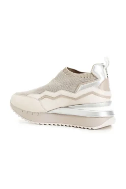 sneakers slip on in tessuto lurex e pelle cipria