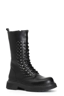 stivaletto allacciato in similpelle con accessori nero