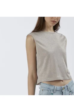top corto smanicato in jersey con lurex light gold