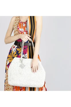 tote bag in crochet di carta bicolore marmo