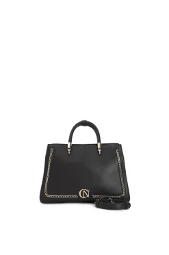 tote con applicazione di catena in metallo e logo nero