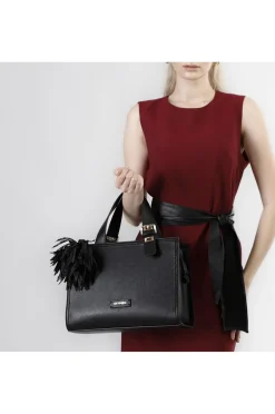 tote con charm grande e fiore in tessuto nero