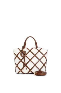 tote in tessuto con intreccio e borchiette naturale