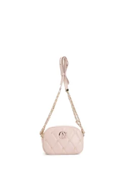 tracolla con trapunta a rombi con applicazione di rivetti  e logo bicolore cipria