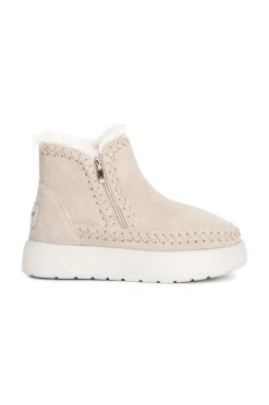 tronchetto da donna con doppia cerniera in pelle scamosciata beige