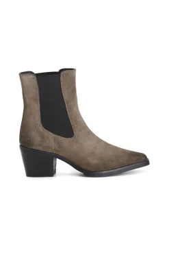 tronchetto da donna in pelle scamosciata con elastico taupe