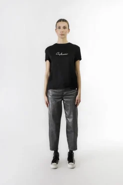 t-shirt bimateriale con logo glitterato nero