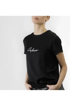 t-shirt bimateriale con logo glitterato nero