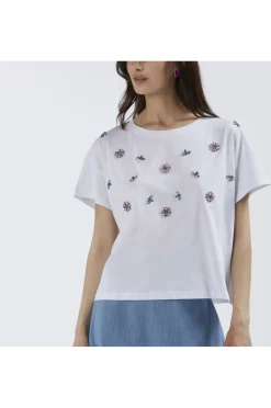 t-shirt con applicazioni di strass bianco