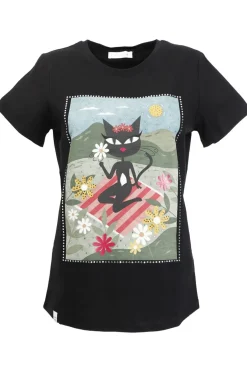 t-shirt con stampa cat noir picafènoiric sul prato nero