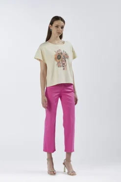 t-shirt con stampa girasole crema