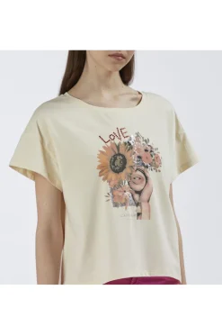 t-shirt con stampa girasole crema