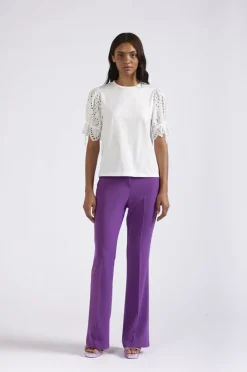 t-shirt in jersey di cotone con sangallo alle maniche bianco