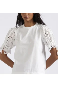 t-shirt in jersey di cotone con sangallo alle maniche bianco