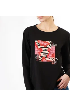 t-shirt manica lunga stampa multipattern nero
