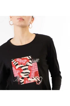 t-shirt manica lunga stampa multipattern nero