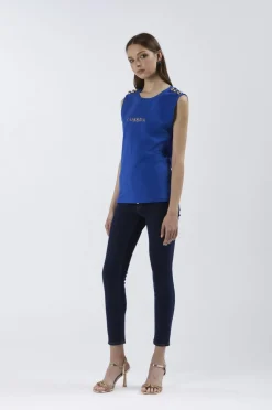 t-shirt smanicata con bottoni e stampa logo royal