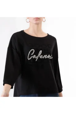 t-shirt stampa floccata e logo di stras nero