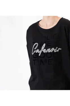 t-shirt stampa floccata e logo di stras nero