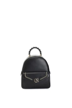 zaino con applicazione di catena in metallo e logo nero